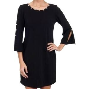 MSK Black Faux Pearl Studded Shift Dress Black Bell Slit Sleeves Size Small S